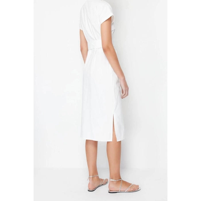 New Regular Casual Daily Gabardine Woven Shirt Collar Short Sleeve Shirt Dress Midi Length Dress