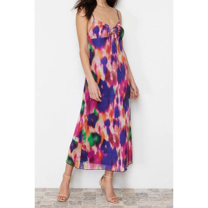 New Regular Casual Daily Tulle Knitted Heart Neck Strappy Sleeve A-Line Maxi Length Dress