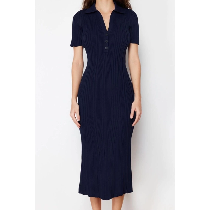 New Regular Casual Daily Single Plate Knitwear Polo Collar Short Sleeve A-Line Maxi Length Dress