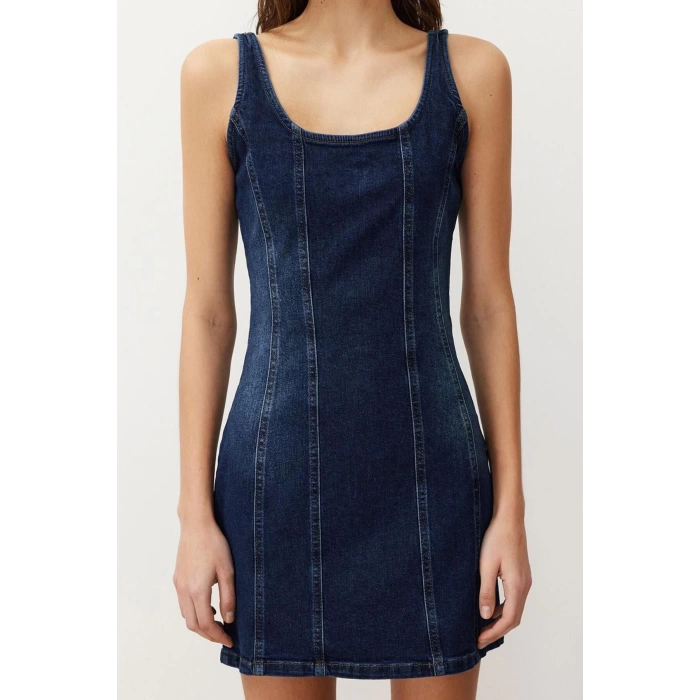 Yeni Fit Casual Günlük Comfort Denim Bisiklet Yaka Kolsuz Kol Basic Midi Boy Elbise