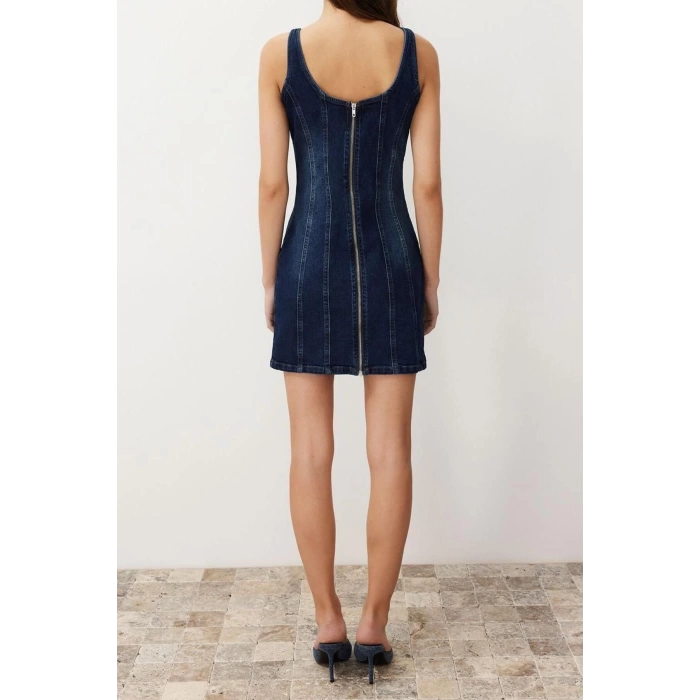 Yeni Fit Casual Günlük Comfort Denim Bisiklet Yaka Kolsuz Kol Basic Midi Boy Elbise