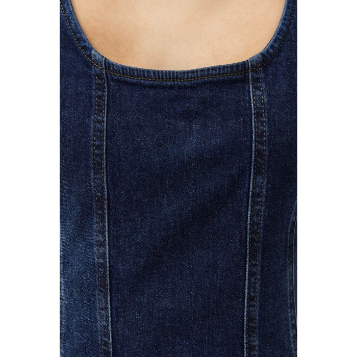Yeni Fit Casual Günlük Comfort Denim Bisiklet Yaka Kolsuz Kol Basic Midi Boy Elbise