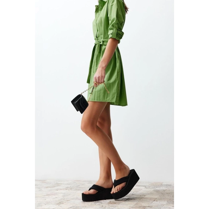 New Regular Casual Daily Crinkle Woven Shirt Collar Long Sleeve Shirt Dress Mini Length Dress