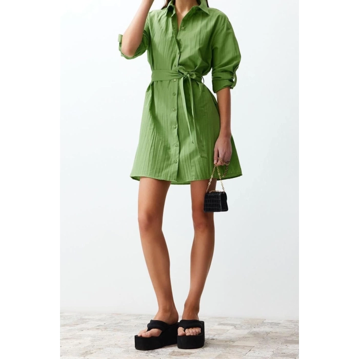 New Regular Casual Daily Crinkle Woven Shirt Collar Long Sleeve Shirt Dress Mini Length Dress