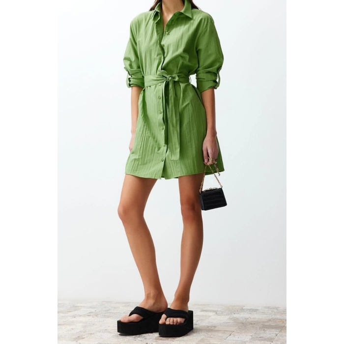New Regular Casual Daily Crinkle Woven Shirt Collar Long Sleeve Shirt Dress Mini Length Dress