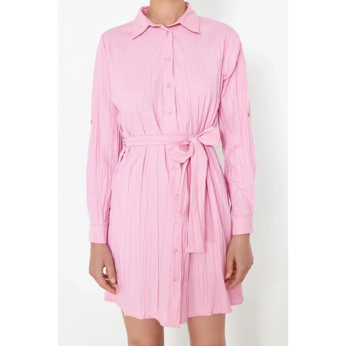 New Regular Casual Daily Crinkle Woven Shirt Collar Long Sleeve Shirt Dress Mini Length Dress