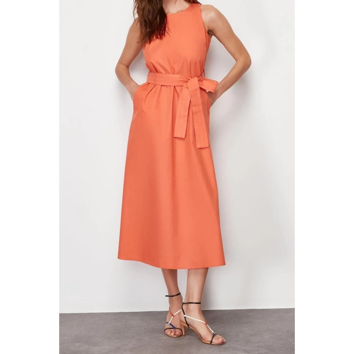New Regular Casual Daily Poplin Woven Crew Neck Sleeveless Sleeve Skater Midi Length Dress
