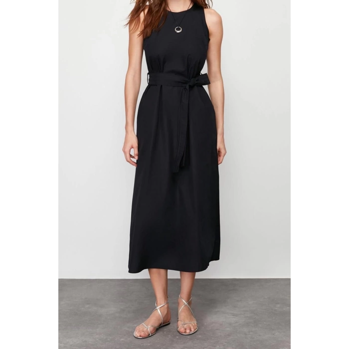 New Regular Casual Daily Poplin Woven Crew Neck Sleeveless Sleeve Skater Midi Length Dress