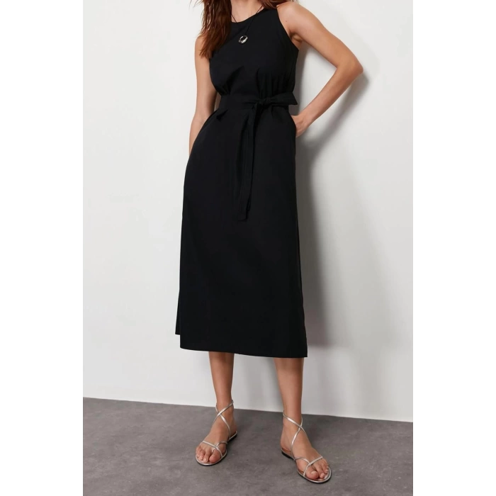 New Regular Casual Daily Poplin Woven Crew Neck Sleeveless Sleeve Skater Midi Length Dress