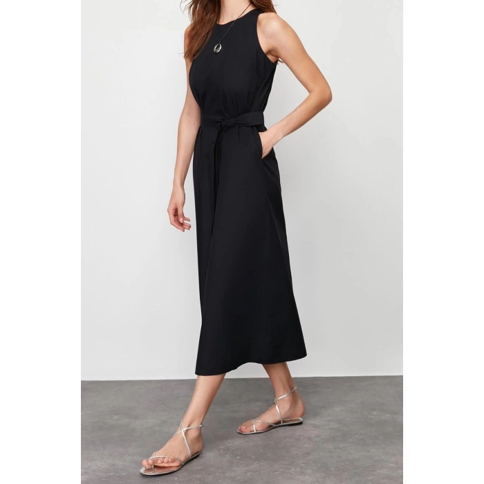 New Regular Casual Daily Poplin Woven Crew Neck Sleeveless Sleeve Skater Midi Length Dress