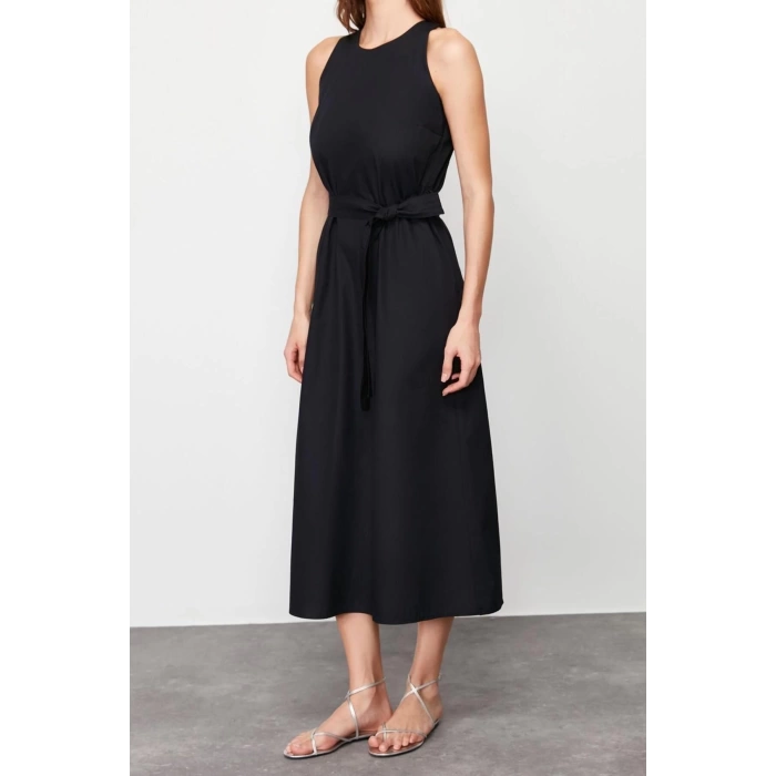 New Regular Casual Daily Poplin Woven Crew Neck Sleeveless Sleeve Skater Midi Length Dress