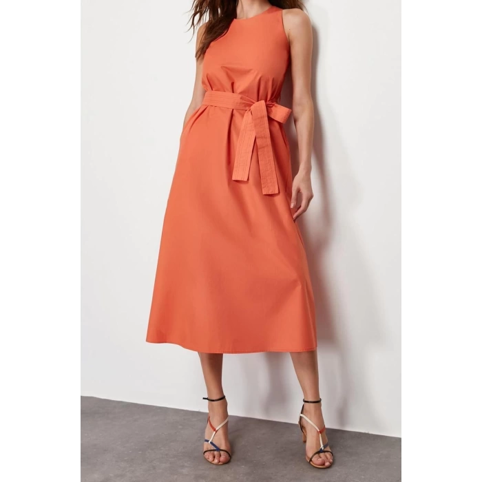 New Regular Casual Daily Poplin Woven Crew Neck Sleeveless Sleeve Skater Midi Length Dress