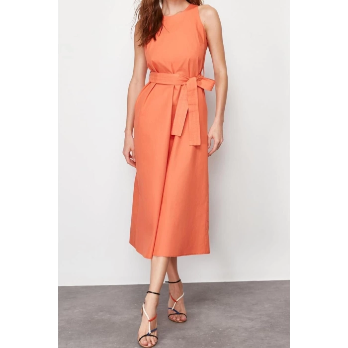 New Regular Casual Daily Poplin Woven Crew Neck Sleeveless Sleeve Skater Midi Length Dress