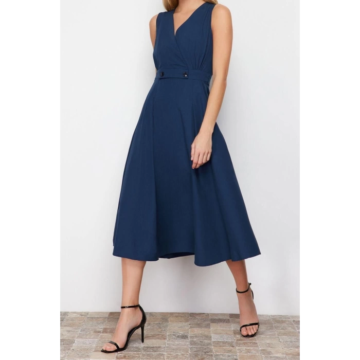 New Regular Casual Daily Terrycotton Woven Double Breasted Sleeveless Skater Midi Length Dress