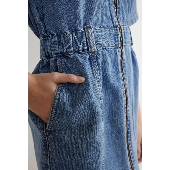 New Fit Casual Daily Crepe Denim Stand Collar Long Sleeve Basic Mini Length Dress