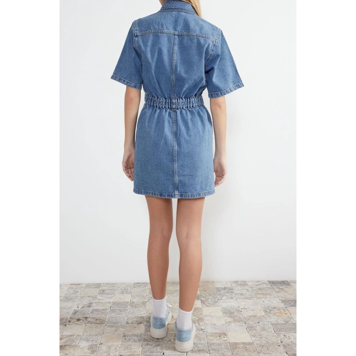 New Fit Casual Daily Crepe Denim Stand Collar Long Sleeve Basic Mini Length Dress