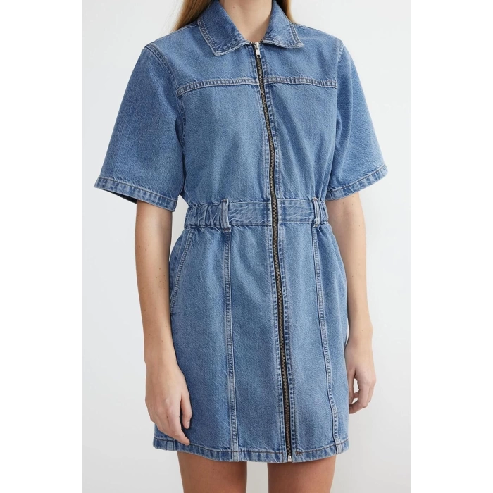 New Fit Casual Daily Crepe Denim Stand Collar Long Sleeve Basic Mini Length Dress