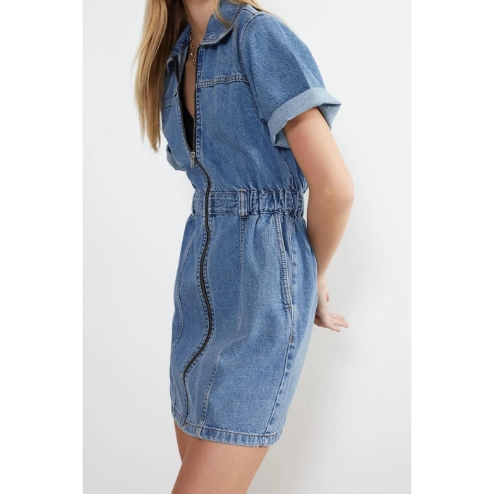 New Fit Casual Daily Crepe Denim Stand Collar Long Sleeve Basic Mini Length Dress