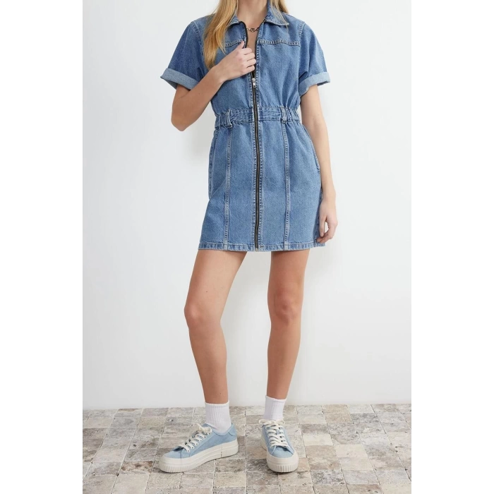 New Fit Casual Daily Crepe Denim Stand Collar Long Sleeve Basic Mini Length Dress