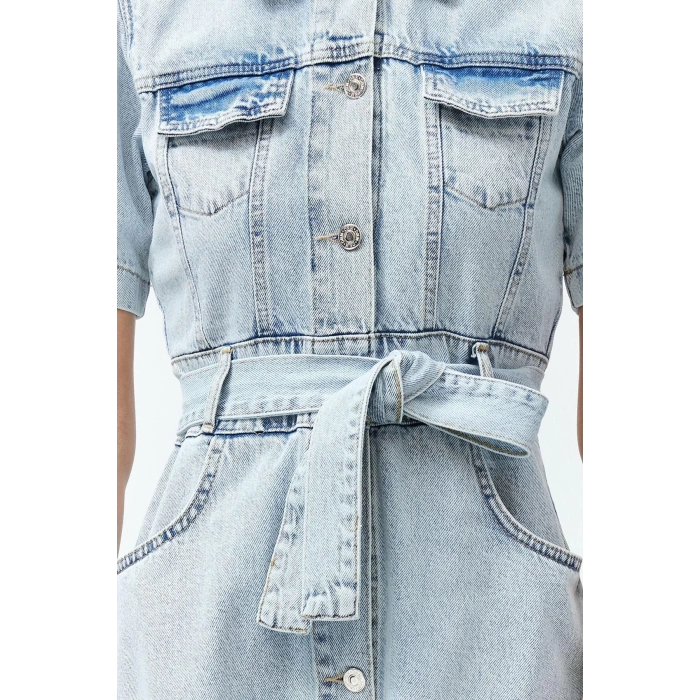New Fit Casual Daily Rigid Denim Shirt Collar Short Sleeve Basic Maxi Length Dress