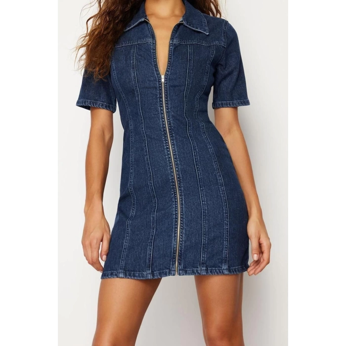 Yeni Fit Casual Günlük Comfort Denim Gömlek Yaka Kısa Kol Basic Mini Boy Elbise