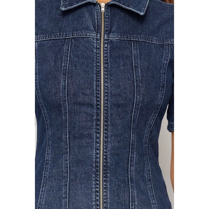 Yeni Fit Casual Günlük Comfort Denim Gömlek Yaka Kısa Kol Basic Mini Boy Elbise