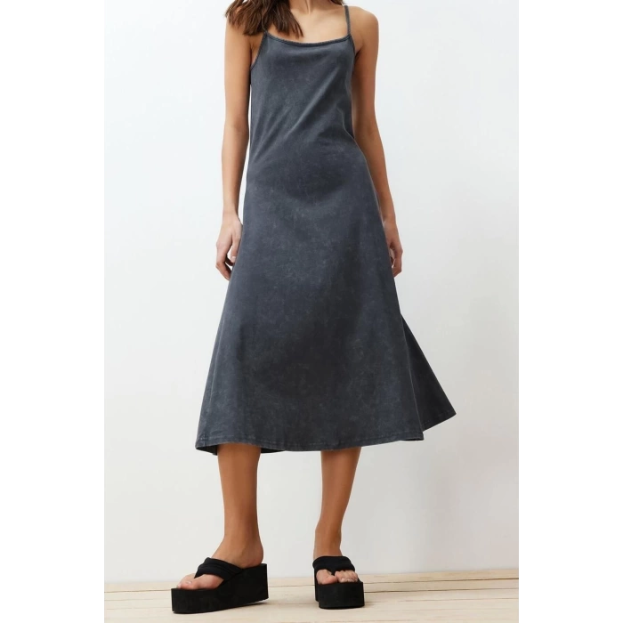 New Comfortable Casual Daily 20 1 Combed Cotton Jersey Knit Square Neck Strappy Sleeve A-Line Midi Length Dress