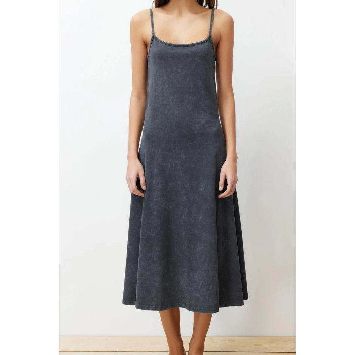 New Comfortable Casual Daily 20 1 Combed Cotton Jersey Knit Square Neck Strappy Sleeve A-Line Midi Length Dress