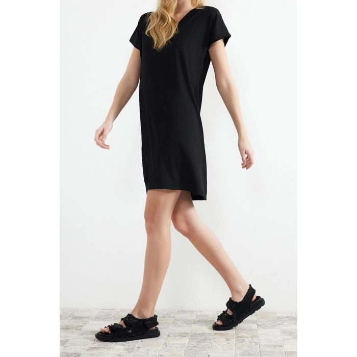 New Regular Casual Daily Crepe Knitted V Neck Short Sleeve Shift Mini Length Dress