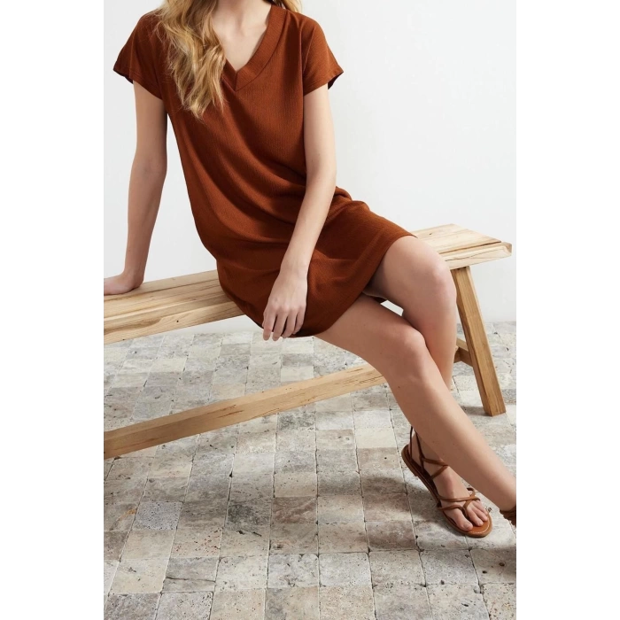 New Regular Casual Daily Crepe Knitted V Neck Short Sleeve Shift Mini Length Dress