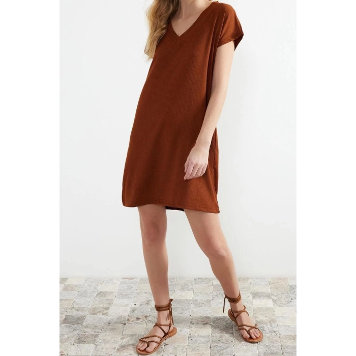 New Regular Casual Daily Crepe Knitted V Neck Short Sleeve Shift Mini Length Dress