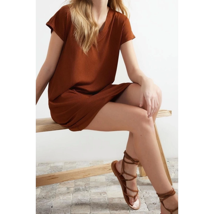 New Regular Casual Daily Crepe Knitted V Neck Short Sleeve Shift Mini Length Dress