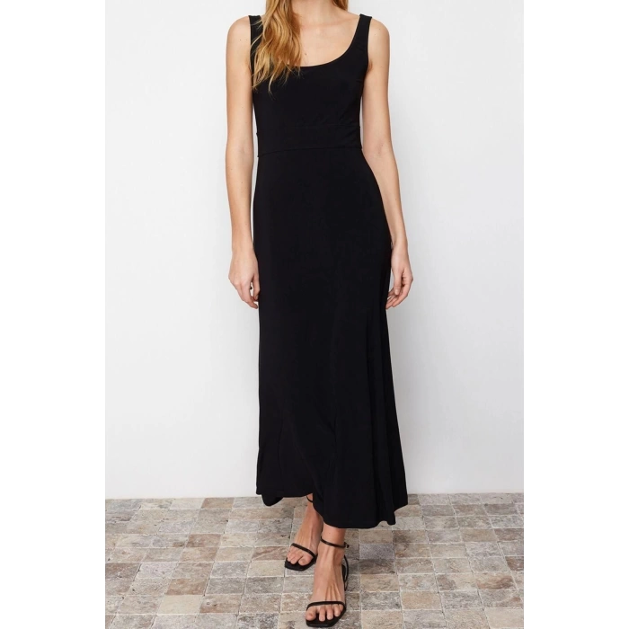 New Slim Casual Daily Thick Sandy Knitted Square Neck Sleeveless Sleeve A-Line Maxi Length Dress