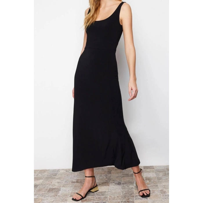 New Slim Casual Daily Thick Sandy Knitted Square Neck Sleeveless Sleeve A-Line Maxi Length Dress