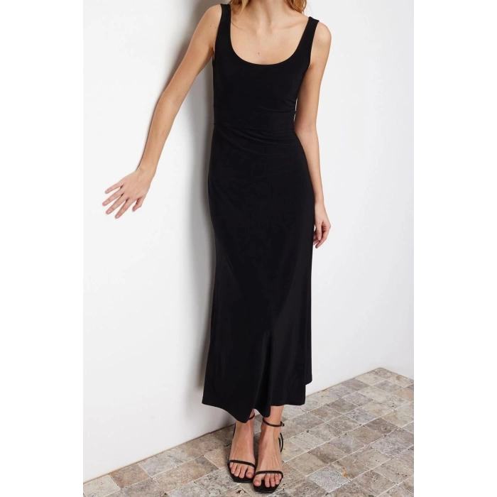 New Slim Casual Daily Thick Sandy Knitted Square Neck Sleeveless Sleeve A-Line Maxi Length Dress