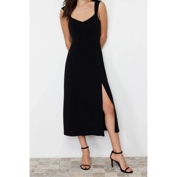 New Regular Casual Daily Thick Sandy Knitted Heart Neck Strappy Sleeve A-Line Midi Length Dress
