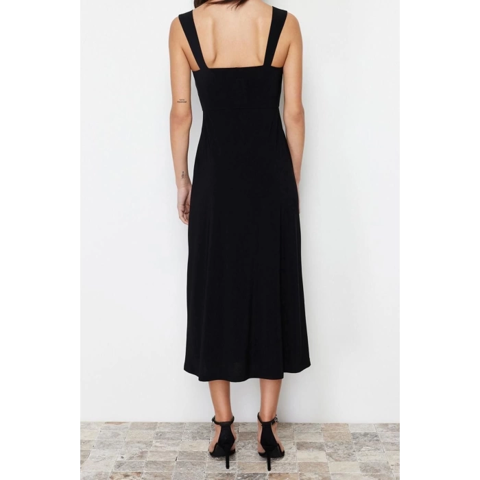 New Regular Casual Daily Thick Sandy Knitted Heart Neck Strappy Sleeve A-Line Midi Length Dress