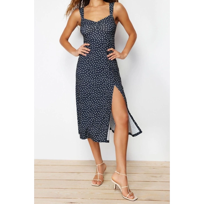 New Regular Casual Daily Thick Sandy Knitted Heart Neck Strappy Sleeve A-Line Midi Length Dress