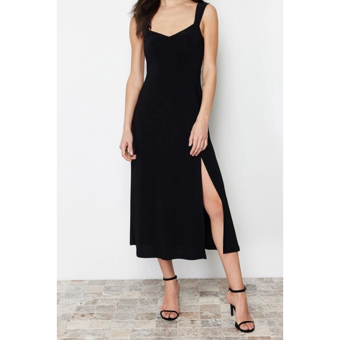 New Regular Casual Daily Thick Sandy Knitted Heart Neck Strappy Sleeve A-Line Midi Length Dress
