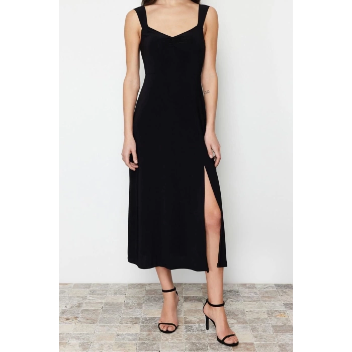 New Regular Casual Daily Thick Sandy Knitted Heart Neck Strappy Sleeve A-Line Midi Length Dress