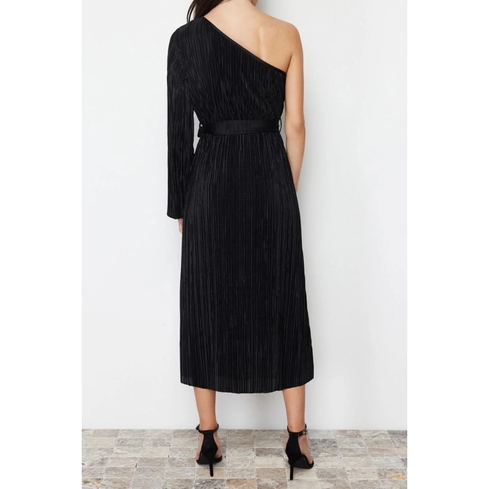 New Regular Day Night Pleated Knitted Asymmetrical Collar Long Sleeve A-Line Midi Length Dress