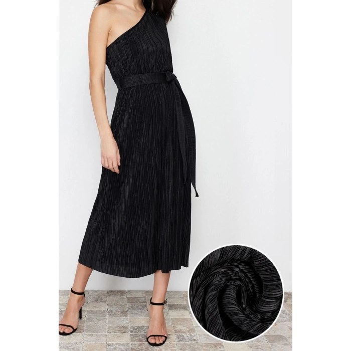New Regular Day Night Pleated Knitted Asymmetrical Collar Long Sleeve A-Line Midi Length Dress