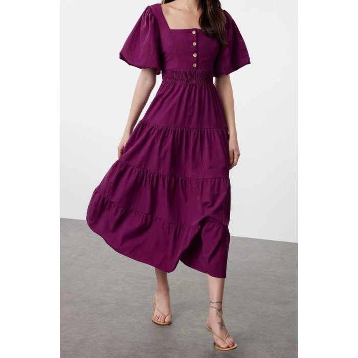 New Regular Casual Daily Terrycotton Woven Square Neck Short Sleeve Skater Maxi Length Dress