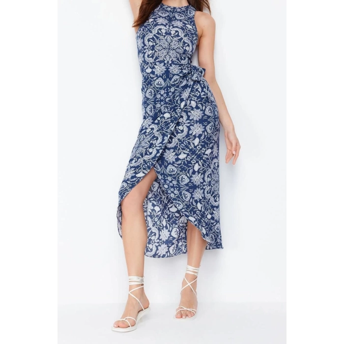 Yeni Regular Casual Günlük Shally Dokuma Bisiklet Yaka Kolsuz Kol A-Line Midi Boy Elbise