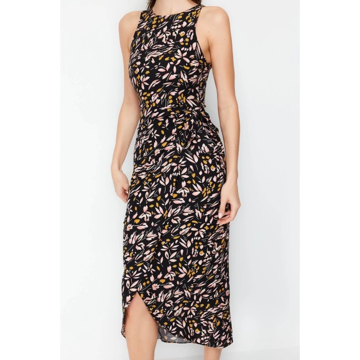 Yeni Regular Casual Günlük Shally Dokuma Bisiklet Yaka Kolsuz Kol A-Line Midi Boy Elbise