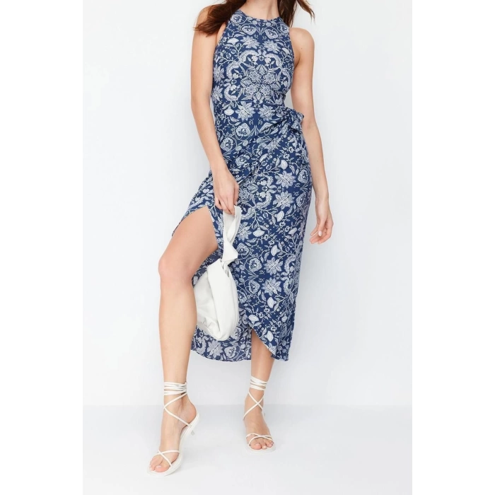 Yeni Regular Casual Günlük Shally Dokuma Bisiklet Yaka Kolsuz Kol A-Line Midi Boy Elbise