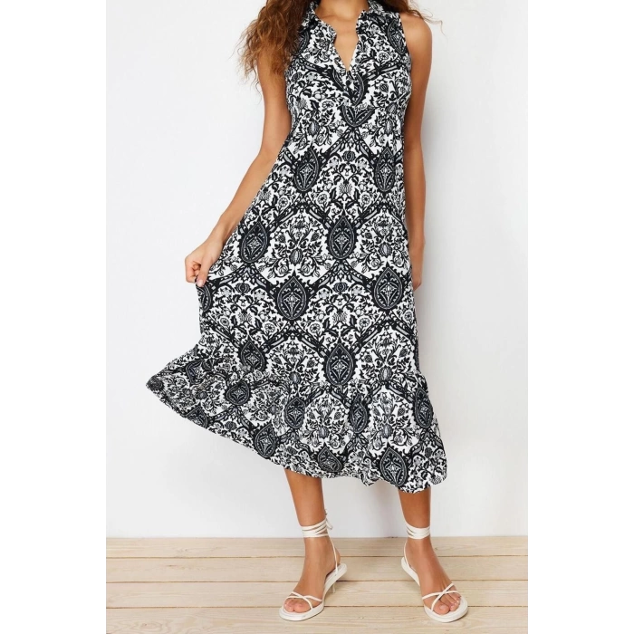 Yeni Regular Casual Günlük Bürümcük Örme Polo Yaka Kolsuz Kol A-Line Maxi Boy Elbise