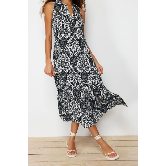 Yeni Regular Casual Günlük Bürümcük Örme Polo Yaka Kolsuz Kol A-Line Maxi Boy Elbise