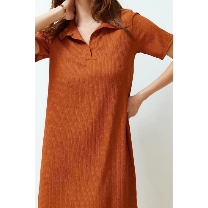 Yeni Rahat Casual Günlük Bürümcük Örme Polo Yaka Kısa Kol T-Shirt Elbise Midi Boy Elbise