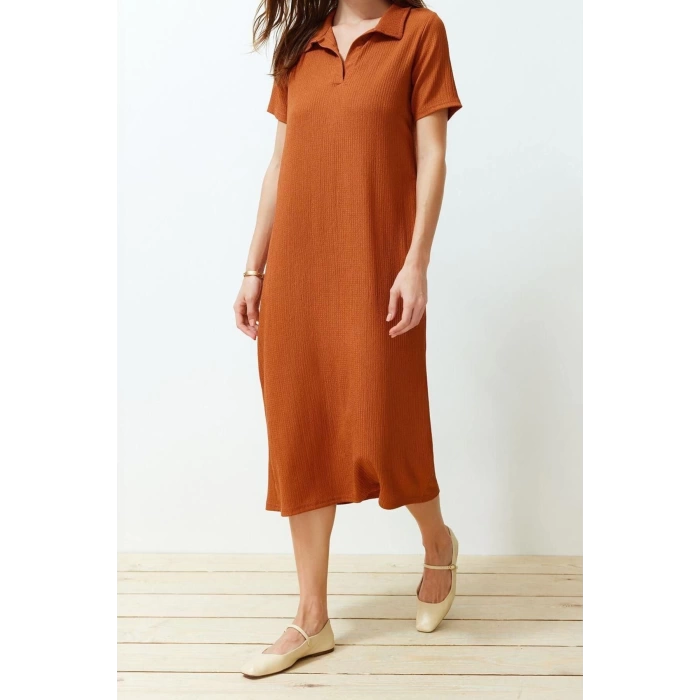 Yeni Rahat Casual Günlük Bürümcük Örme Polo Yaka Kısa Kol T-Shirt Elbise Midi Boy Elbise